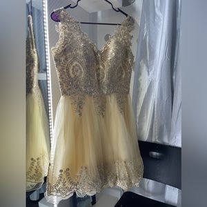 A beautiful champagne dress .